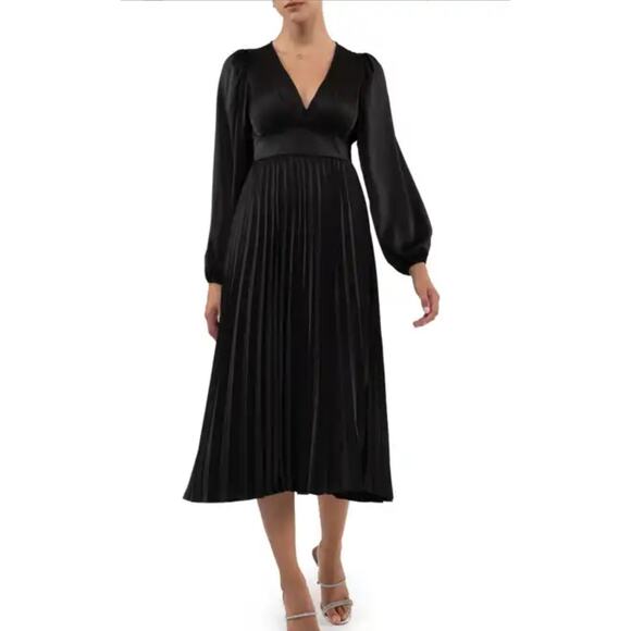August Sky Midi Dress Pleated V-Neck Balloon Sleeve Elastic Waist Black W S NWOT - Picture 1 of 9